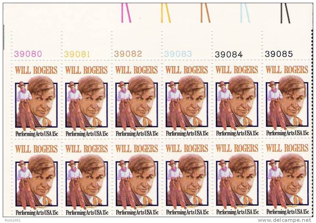 US Scott 1801 - Plate Block Of 12 - Will Rogers 15 Cent - Mint Never Hinged - Plate Blocks & Sheetlets