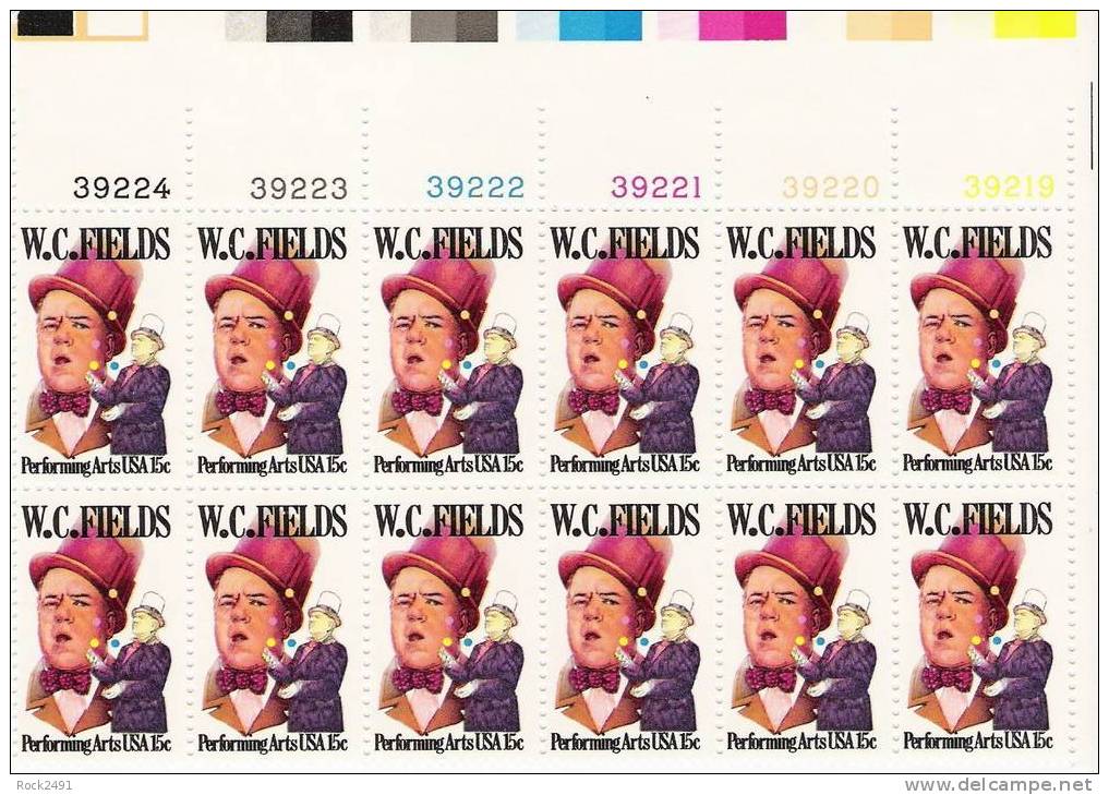 US Scott 1803 - Plate Block Of 12 (left) - W C Fields 15 Cent - Mint Never Hinged - Números De Placas