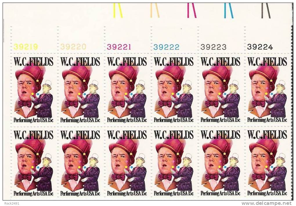 US Scott 1803 - Plate Block Of 12 (right) - W C Fields 15 Cent - Mint Never Hinged - Números De Placas