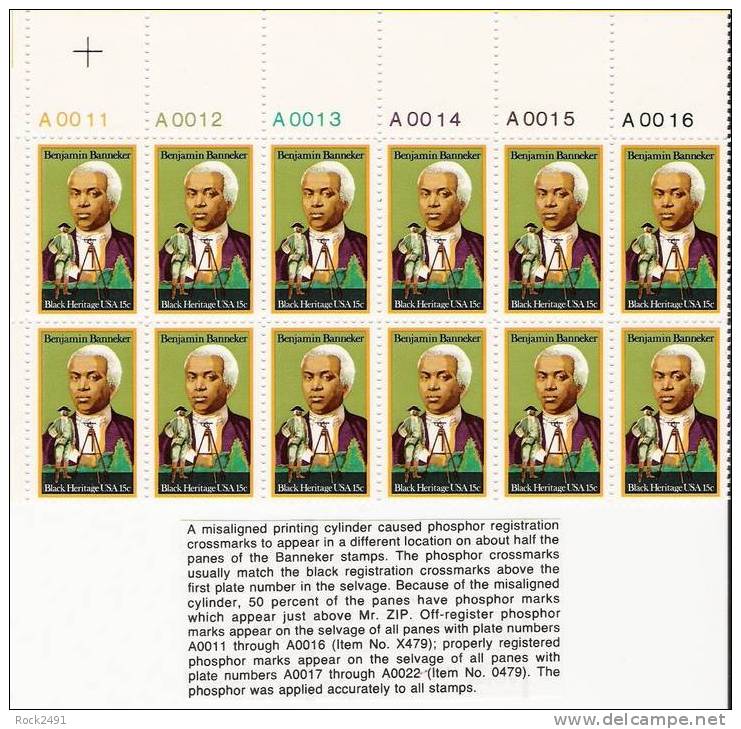 US Scott 1804 - Plate Block Of 12 (top) - Benjamin Banneker 15 Cent - Mint Never Hinged - Números De Placas