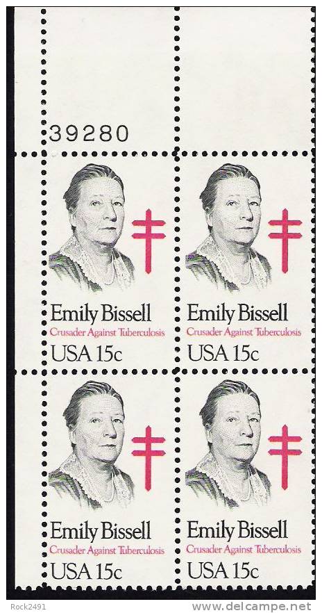US Scott 1823 - Plate Block Of 4 39280 - Emily Bissell 15 Cent - Mint Never Hinged - Numéros De Planches