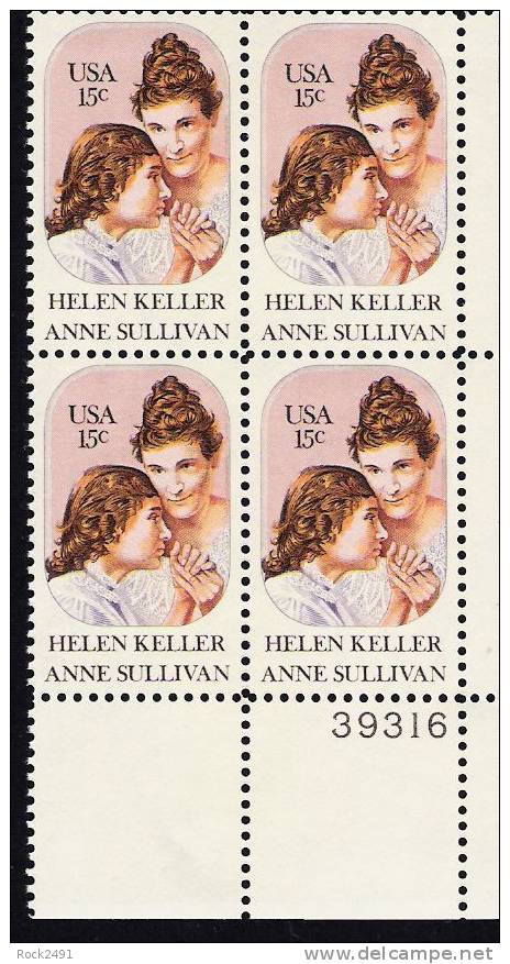 US Scott 1824 - Plate Block Of 4 39316 - Helen Keller 15 Cent - Mint Never Hinged - Plattennummern