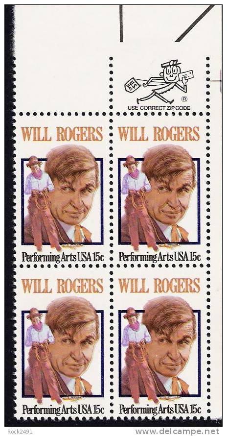 US Scott 1801 - Zip Block Of 4 - Will Rogers 15 Cent - Mint Never Hinged - Blocchi & Foglietti