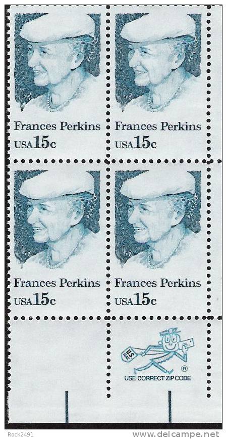 US Scott 1821 - Zip Block Of 4 - Francis Perkins 15 Cent - Mint Never Hinged - Blocs-feuillets