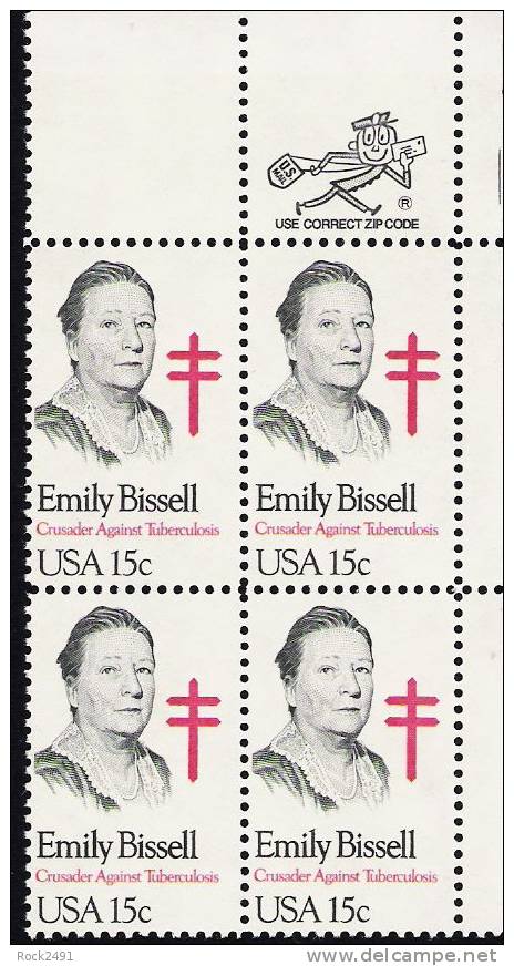 US Scott 1823 - Zip Block Of 4 - Emily Bissell 15 Cent - Mint Never Hinged - Blocchi & Foglietti