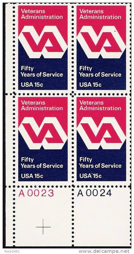 US Scott 1825 - Plate Block Of 4 A0023 - Veterans Administration 15 Cent - Mint Never Hinged - Números De Placas