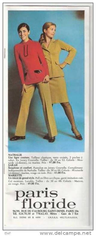 Catalogue / Livret De MODE "PARIS -FLORIDE "Rue Du Faubourg ST-Denis,Collection Hiver Femme 1970 + Bon De Commande - Mode