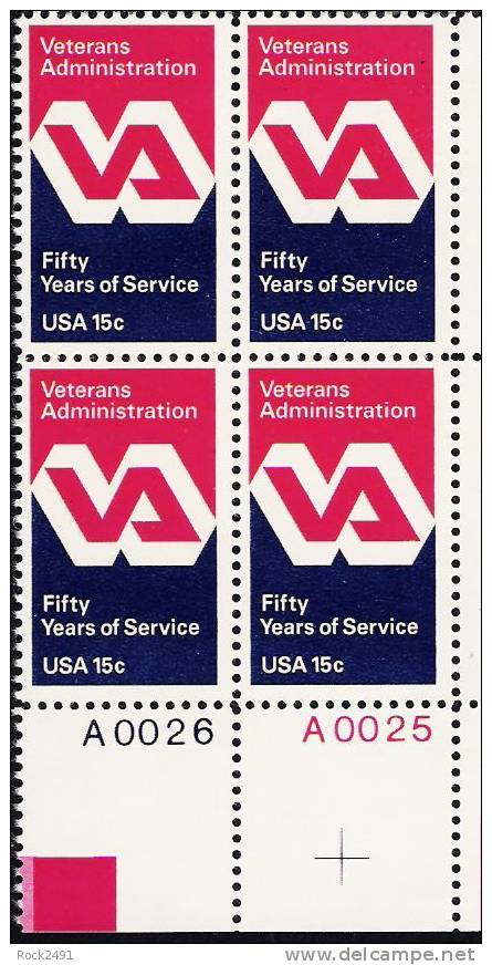 US Scott 1825 - Plate Block Of 4 A0025 - Veterans Administration 15 Cent - Mint Never Hinged - Números De Placas
