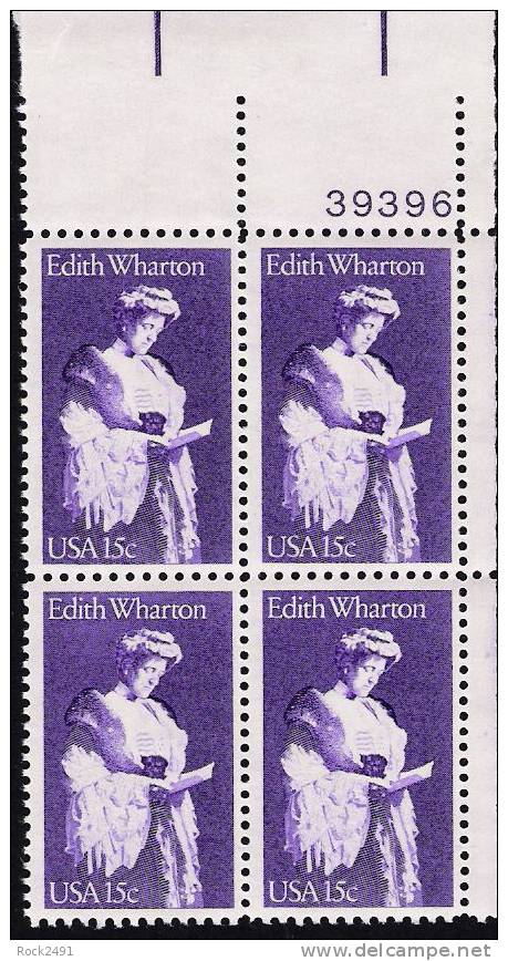 US Scott 1832 - Plate Block Of 4 39396 - Edith Wharton 15 Cent - Mint Never Hinged - Números De Placas