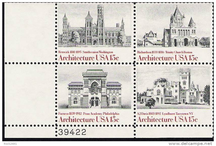 US Scott 1841a (1838 1839 1840 1841) - Plate Block Of 4 39422 - American Architecture 15 Cent - Mint Never Hinged - Números De Placas