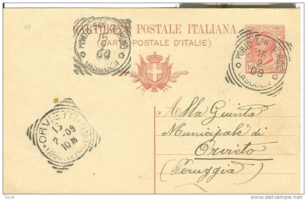 CARTOLINA POSTALE  VIAGGIATA   DA PORTO  SAN GIORGIO  A ORVIETO - 1909. TIMBRO TONDO RIQUADRO. - Ascoli Piceno