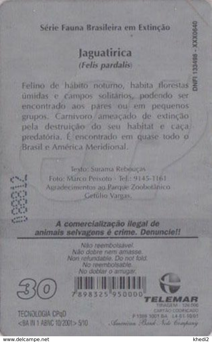 Télécarte BRESIL - Telemar - Série 07/10 - ANIMAL - Félin JAGUAR - Feline BRAZIL BRASIL Phonecard - Raubkatze TK - 131 - Brazilië