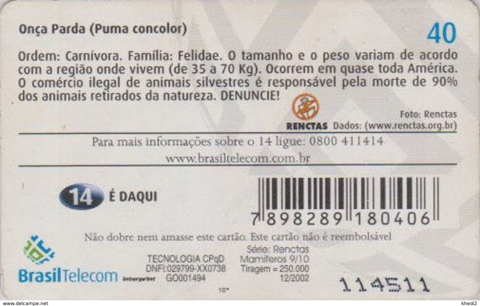 Télécarte BRESIL - ANIMAL - Série 9/10 -  Félin PUMA CONCOLOR Couple - Feline BRAZIL BRASIL Telecom Phonecard - 138 - Brasile