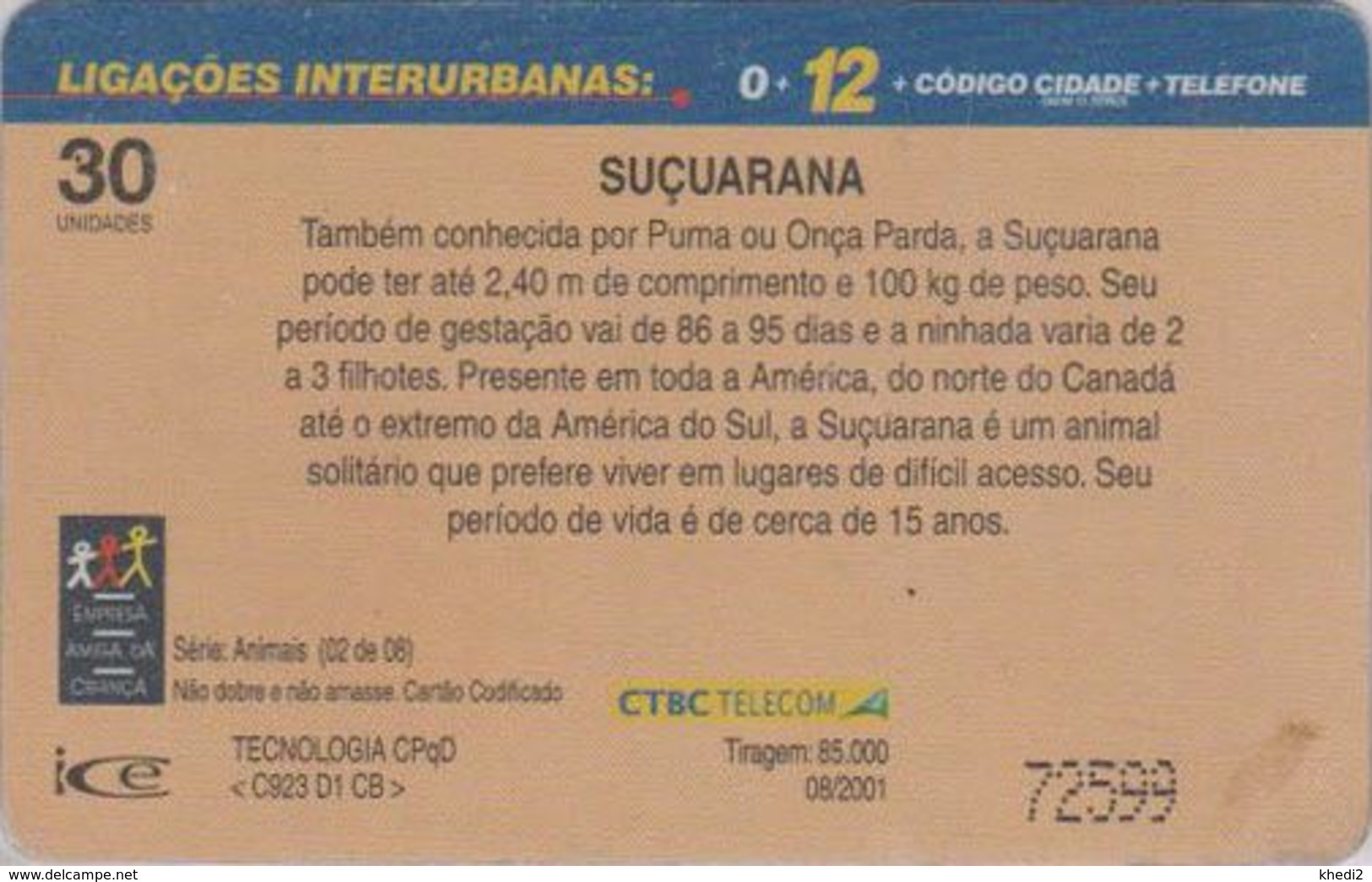 Télécarte BRESIL - CTBC - Série 02/10 - ANIMAL - Félin PUMA - Feline BRAZIL BRASIL Phonecard - 139 - Brazilië