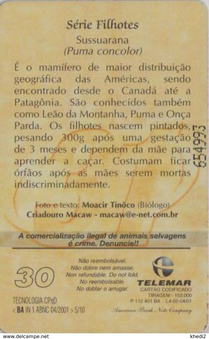 Télécarte BRESIL - Telemar - Série Filhotes 5/10 - ANIMAL - Félin PUMA CONCOLOR - Feline BRAZIL BRASIL Phonecard  BE 140 - Brésil