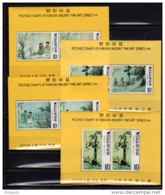 1971, Peintures De Shin Yunbok, BF 208 210 211 212 **cote 56 €,++   Postfrich ++ - Korea, South