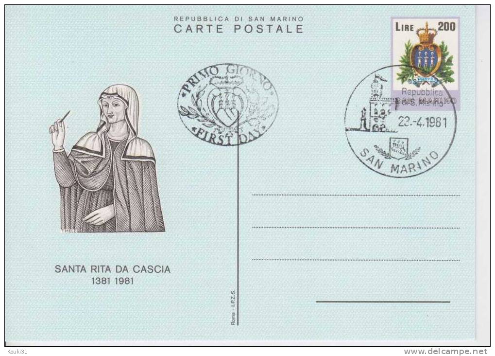 Saint-Marin Carte Postale , Oblitérée Premier Jour : Sainte Rita Da Cascia - Postal Stationery