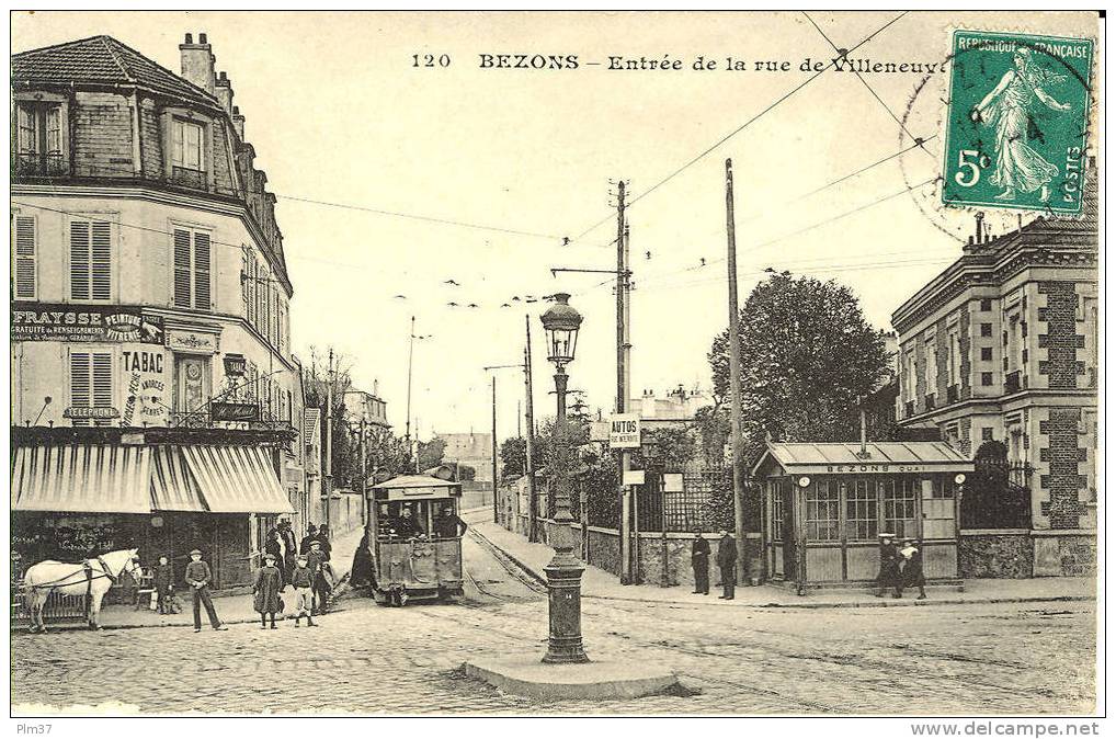 BEZONS  - Entrée De La Rue De Villeneuve - Tramway, Station De Tramway - Circulé 1910 - Bezons