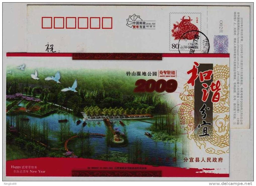 Bird,lingshan Wetland Park,green Vegetation,China 2009 Fenyi New Year Greeting Advertising Pre-stamped Card - Cigognes & échassiers