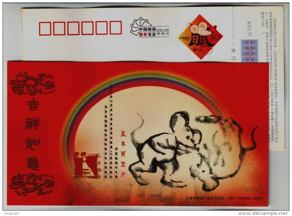 Judo,cartoon Mouse,olympic Event,China 2008 Tianjin Post Lunar New Year Of Rat Pre-stamped Card - Judo