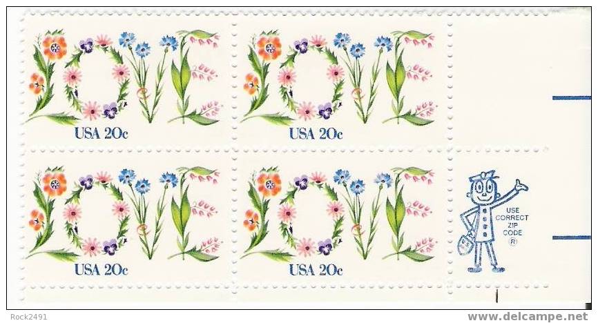 US Scott 1951A - Zip Block Of 4 - LOVE 20 Cent - Mint Never Hinged - Blokken & Velletjes