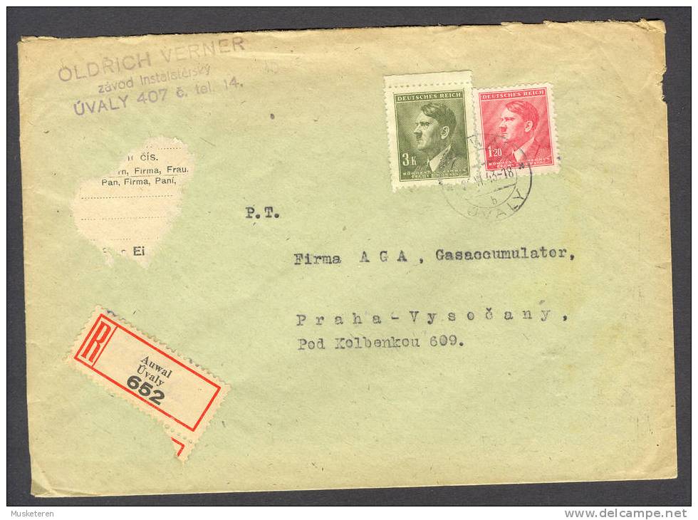 Germany Empire Occupation 1938-45 Böhmen & Mähren Registered Recommandée Auwal Uvaly 1943 Cover Hitler - Storia Postale