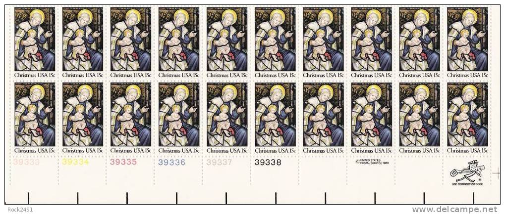 US Scott 1842 - Plate Block Of 20 Bottom - Christmas 1980-religious 15 Cent - Mint Never Hinged - Numéros De Planches