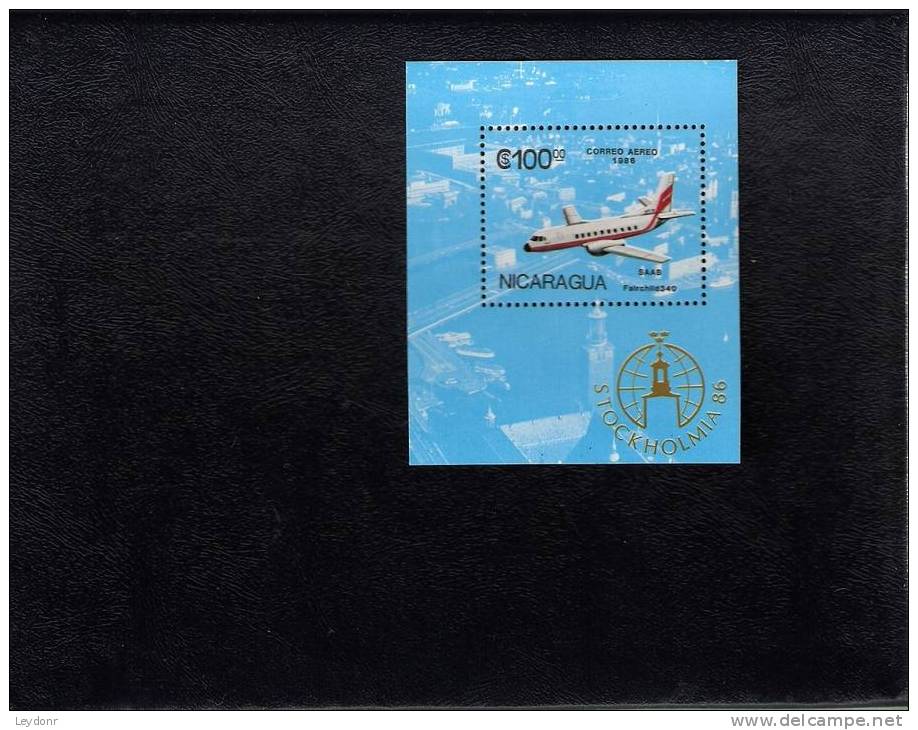 Nicaragua - SAAB Fairchild 340 Aircraft - STOCKHOLMIA '86 - Scott # 1560 - Souvenir Sheet - Mint Never Hinged - Nicaragua