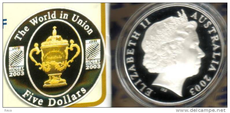 AUSTRALIA $5  SPORT RUGBY GOLD PLATED CUP FRONT QEII HEAD BACK 2003 PROOF 1Oz .999 SILVER READ DESCRIPTION CAREFULLY !!! - Mint Sets & Proof Sets