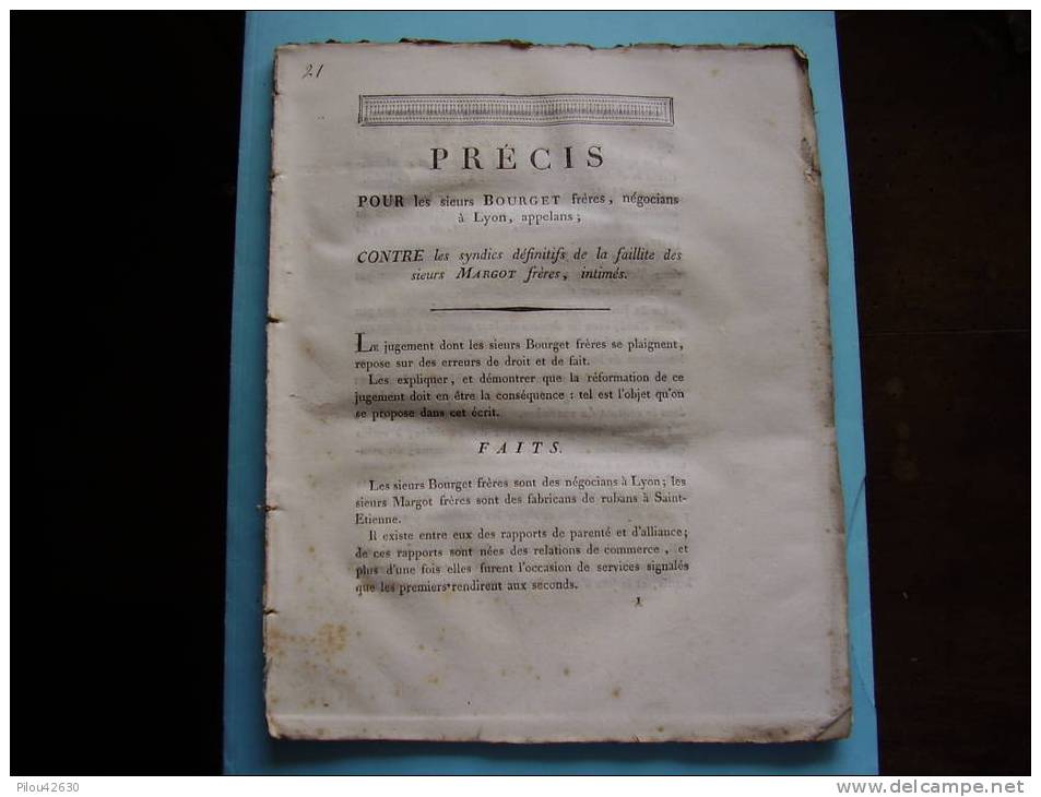 1816 - Précis De 42 P. Bourget De Lyon - Margot Fabriquant De Rubans à St Etienne - Cour Royale De Lyon (à Confirmer) - Rhône-Alpes