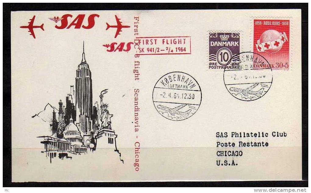 Première Liaison Aerienne Copenhagen -Chicago Le 02/04/1964 , SAS - Airmail