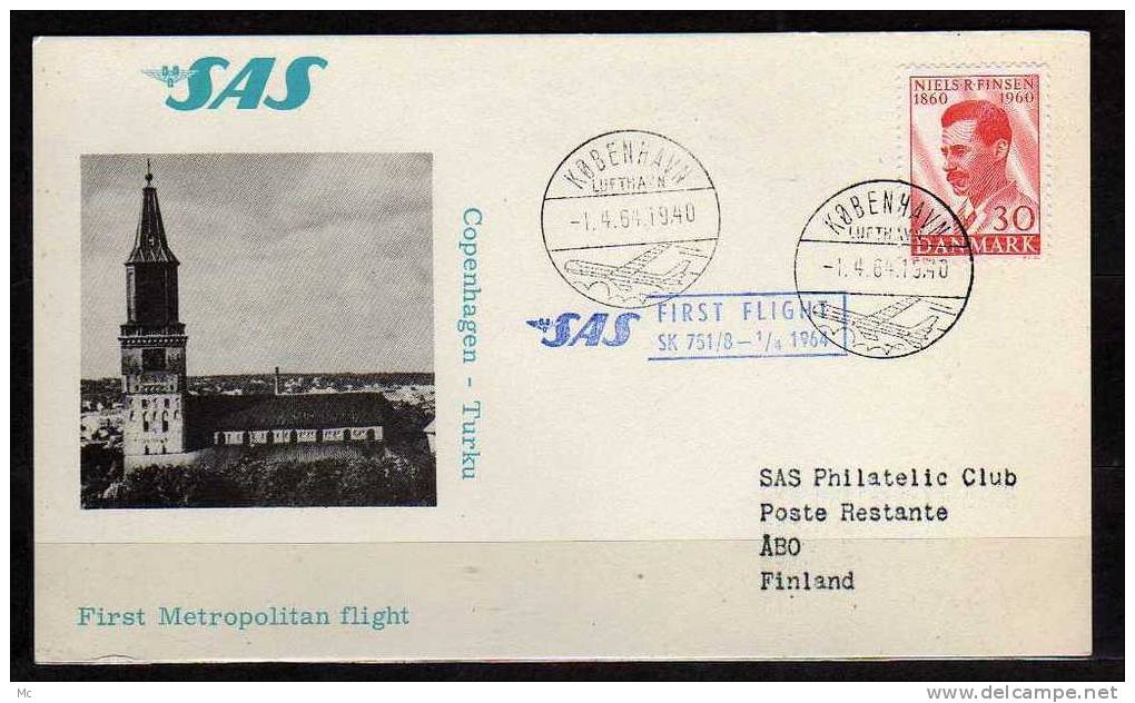 Première Liaison Aerienne Copenhagen -Abo Le 01/04/1964 , SAS - Airmail