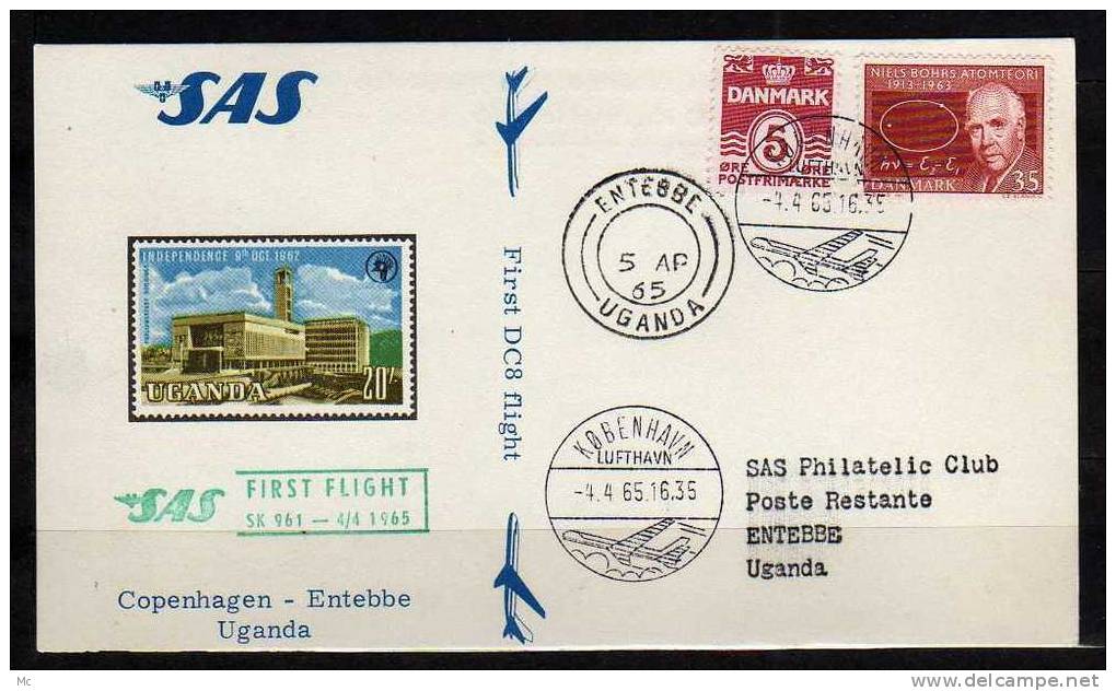 Première Liaison Aerienne Copenhagen - Entebbe Le 04/04/1965 , SAS - Luftpost