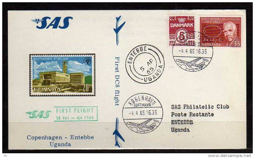 Première Liaison Aerienne Copenhagen - Entebbe Le 04/04/1965 , SAS - Luftpost