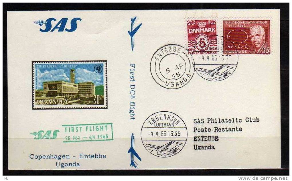 Première Liaison Aerienne Copenhagen - Entebbe Le 04/04/1965 , SAS - Poste Aérienne