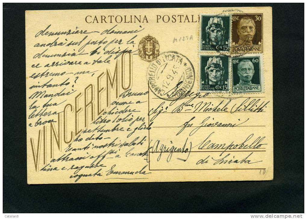 F443 STORIA POSTALE LUOGOTENENZA CARTOLINA  POSTALE C.30 IMPERIALE MISTA CON C.60 SENZA FASCI - Marcophilie