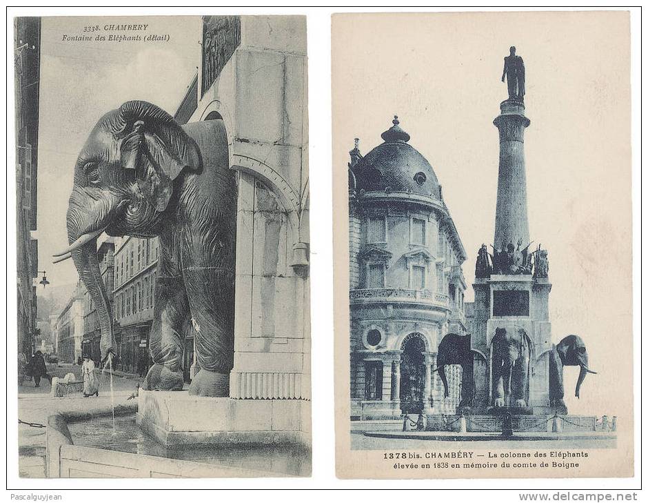 2 CPA CHAMBERY - LA FONTAINE - COLONNE DES ELEPHANTS PAR SAPPEY - Elephants