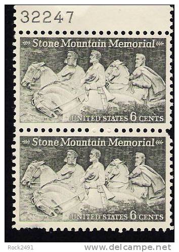 US Scott 1408 - Plate Block Of 2 - 6 Cent Stone Mountain - Mint Never Hinged - Neufs