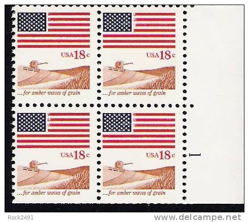 US Scott 1890 - Plate Block Of 4 LR- Plate No 1 - Flag And Anthem 18 Cent - Mint Never Hinged - Plate Blocks & Sheetlets