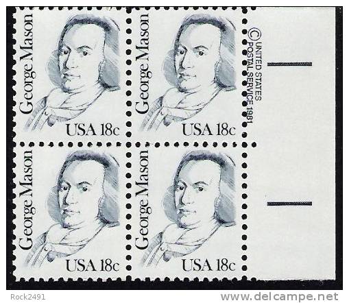 US Scott 1858 - Copyright Block Of 4 - George Mason 18 Cent - Mint Never Hinged - Blocs-feuillets