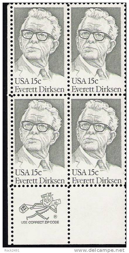 US Scott 1874 - Zip Block Of 4 - Everett Dirksen 15 Cent - Mint Never Hinged - Hojas Bloque