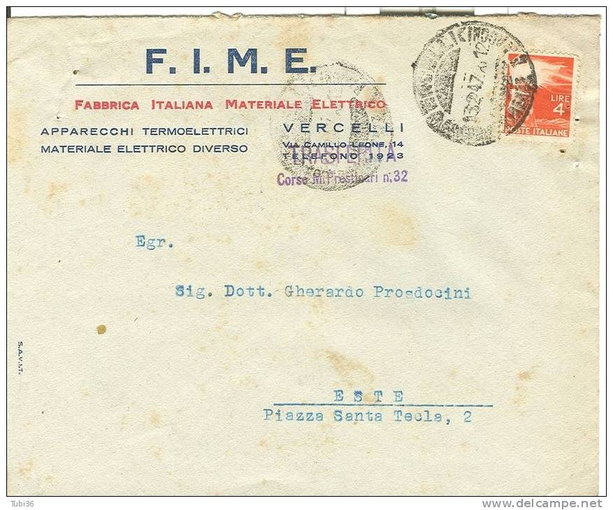 FIME - FABBRICA ITALIANA  MATERIALI ELETTRICI -  BUSTA COMMERCIALE VIAGGIATA  1947 - VERCELLI / ESTE - Publicités