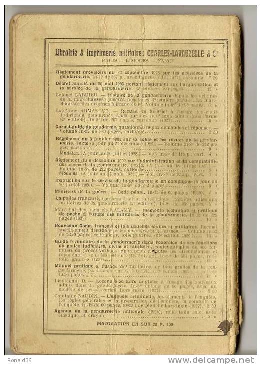 Livre Service Intérieur De La Gendarmerie Départementale 1927 Imprimerie Militaire CHARLES LAVAUZELLE PARIS - Frans