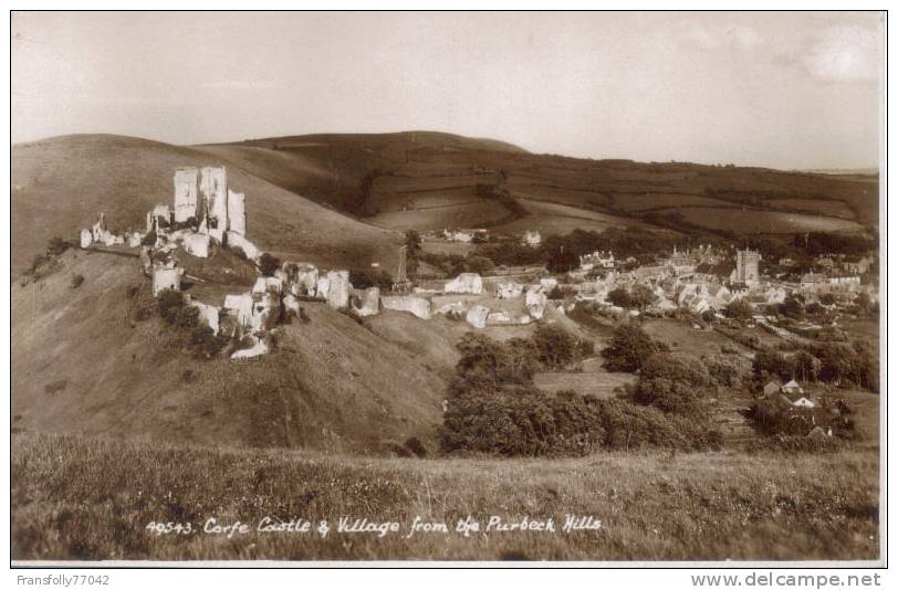 Rppc CORFE CASTLE DORSET ENGLAND Village & Castle Ruins FROM PURBECK HILLS C-ukn - Andere & Zonder Classificatie