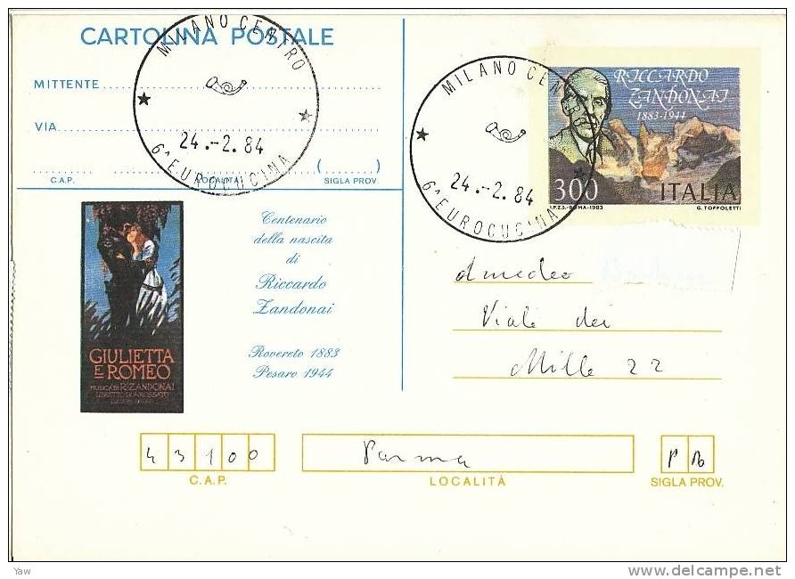 ITALIA 1984 CP RICCARDO ZANDONAI. ANNULLO SPECIALE: 6° CONVEGNO EUROCUCINA, MILANO - Other & Unclassified