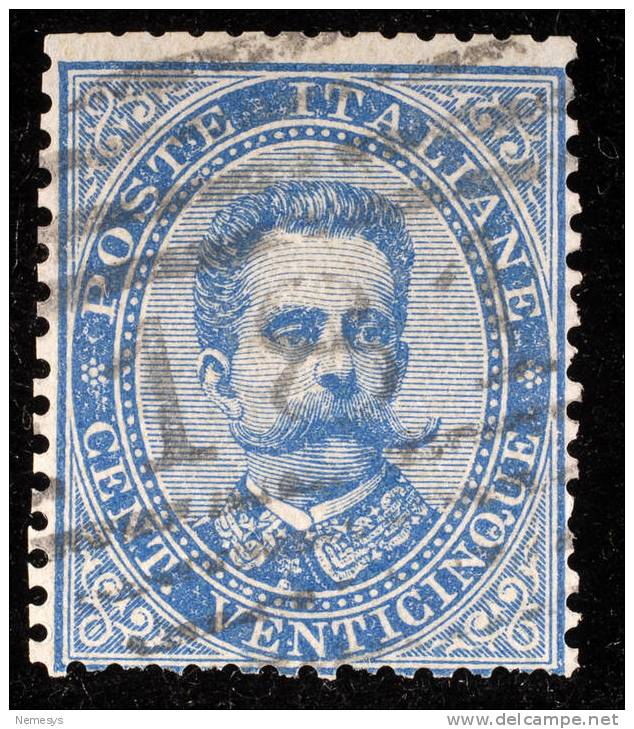 1879 REGNO 25C AZZURRO SASS 40 ANNULLO NUMERALE A BARRE - Oblitérés