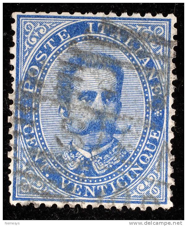 1879 REGNO 25C AZZURRO SASS 40 ANNULLO NUMERALE A BARRE - Used