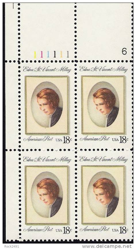 US Scott 1926 - Plate Block Of 4 Upper Plate No 111111 6 - Edna St Vincent Millay 18 Cent - Mint Never Hinged - Plate Blocks & Sheetlets