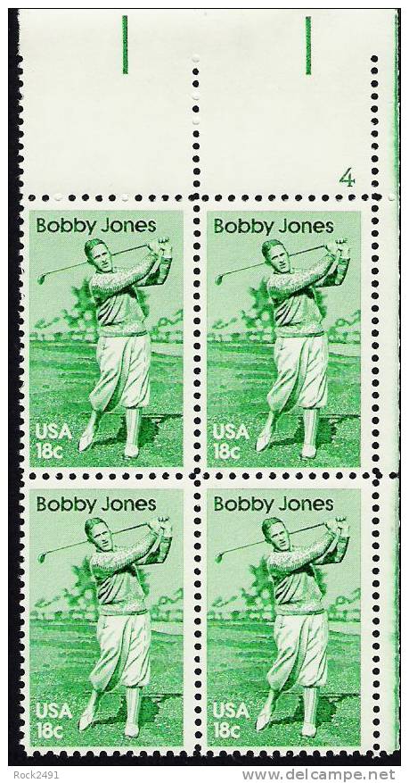 US Scott 1933 - Plate Block Of 4 Upper Right Plate No 4 - Bobby Jones 18 Cent - Mint Never Hinged - Plate Blocks & Sheetlets