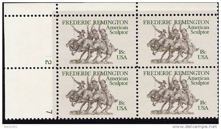 US Scott 1934 - Plate Block Of 4 Left Plate No 12 7 - Frederic Remington 18 Cent - Mint Never Hinged - Plate Blocks & Sheetlets